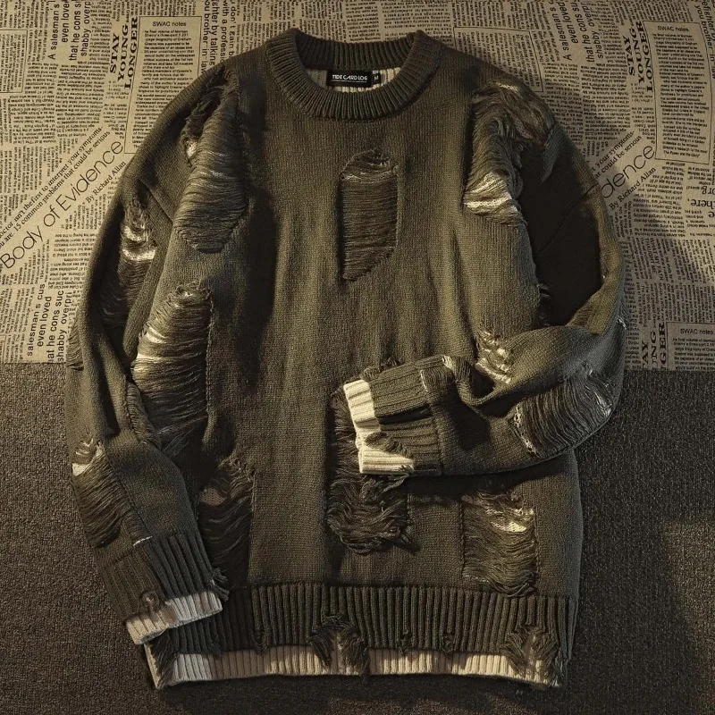 

American New Retro Hole Fake Two Sweaters For Men And Women Y2k Streetwear High Street Fashion Punk Style Loose Casual Sweater