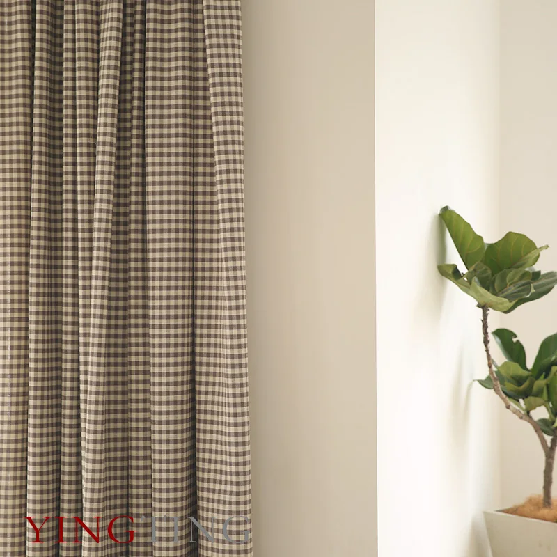 New Coffee Color Small Plaid American Modern Simple Custom-made Semi-blackout Window Curtains for Living Dining Room Bedroom 2