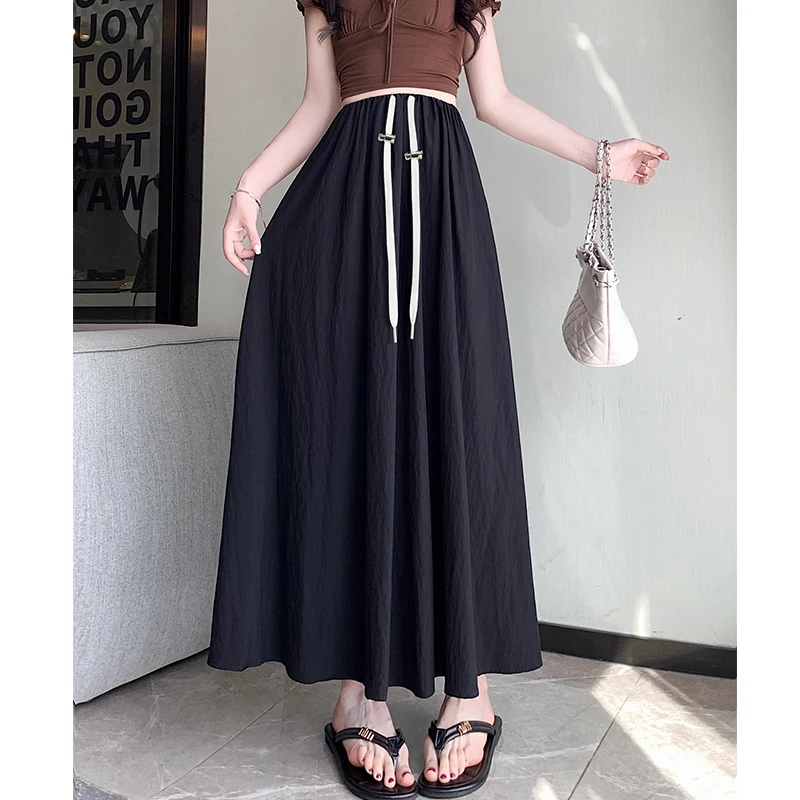 French Style Summer Maternity Flared Skirt Solid Color Drawstring Waist Long Loose Pregnant Woman Skirt with Lining