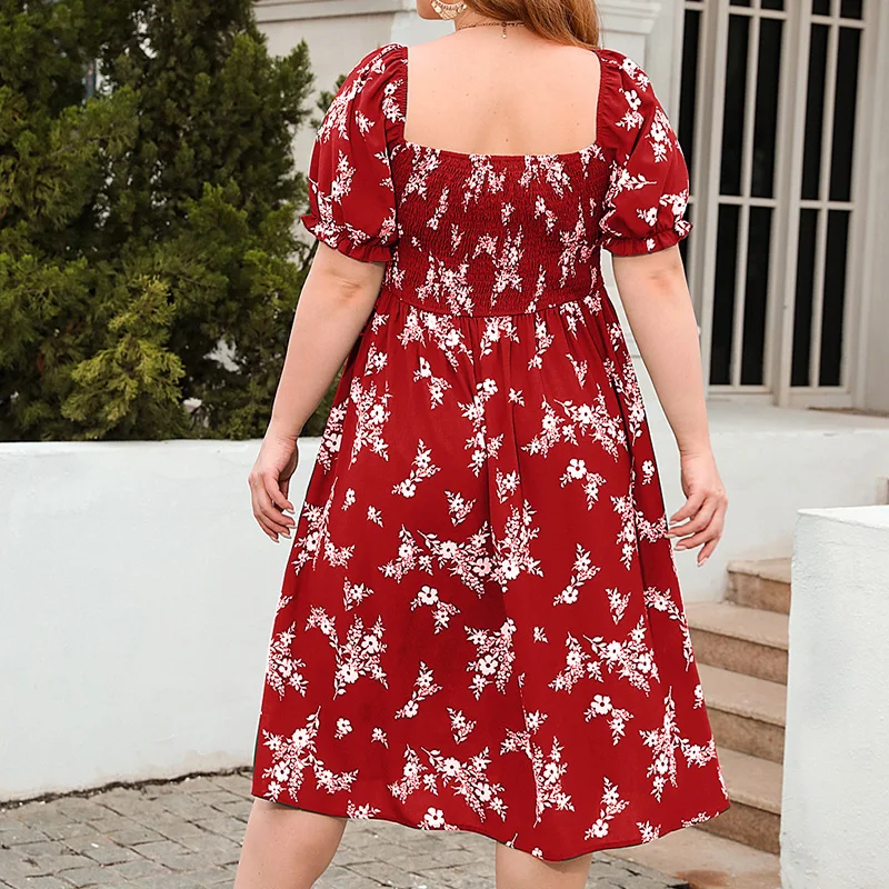 Bohemian Square Collar Floral Printing Summer Vacation Pleated Short Flare Sleeve Pullover Casual A-line Plus Size Midi Dress