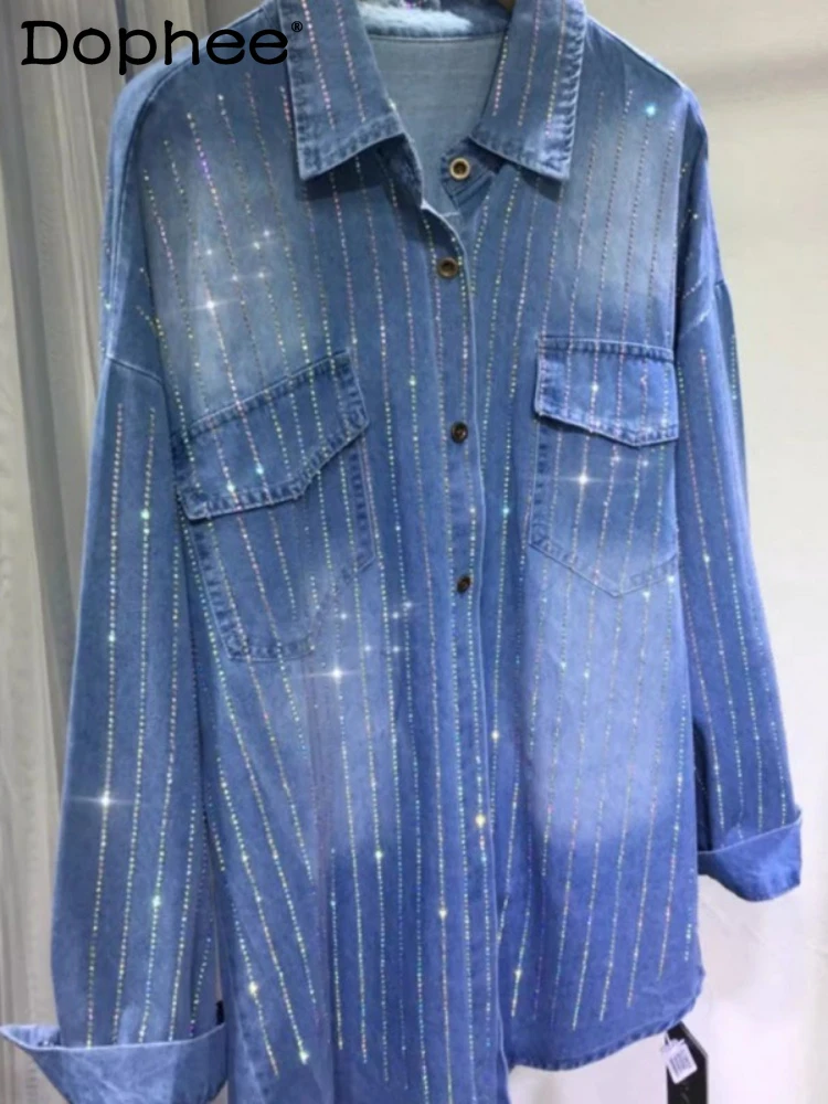 

Heavy Embroidery Hot Drilling Blue Denim Coat for Women 2023 Spring Autumn Loose Mid-Length Lapel Single Breasted Shirt Cardigan