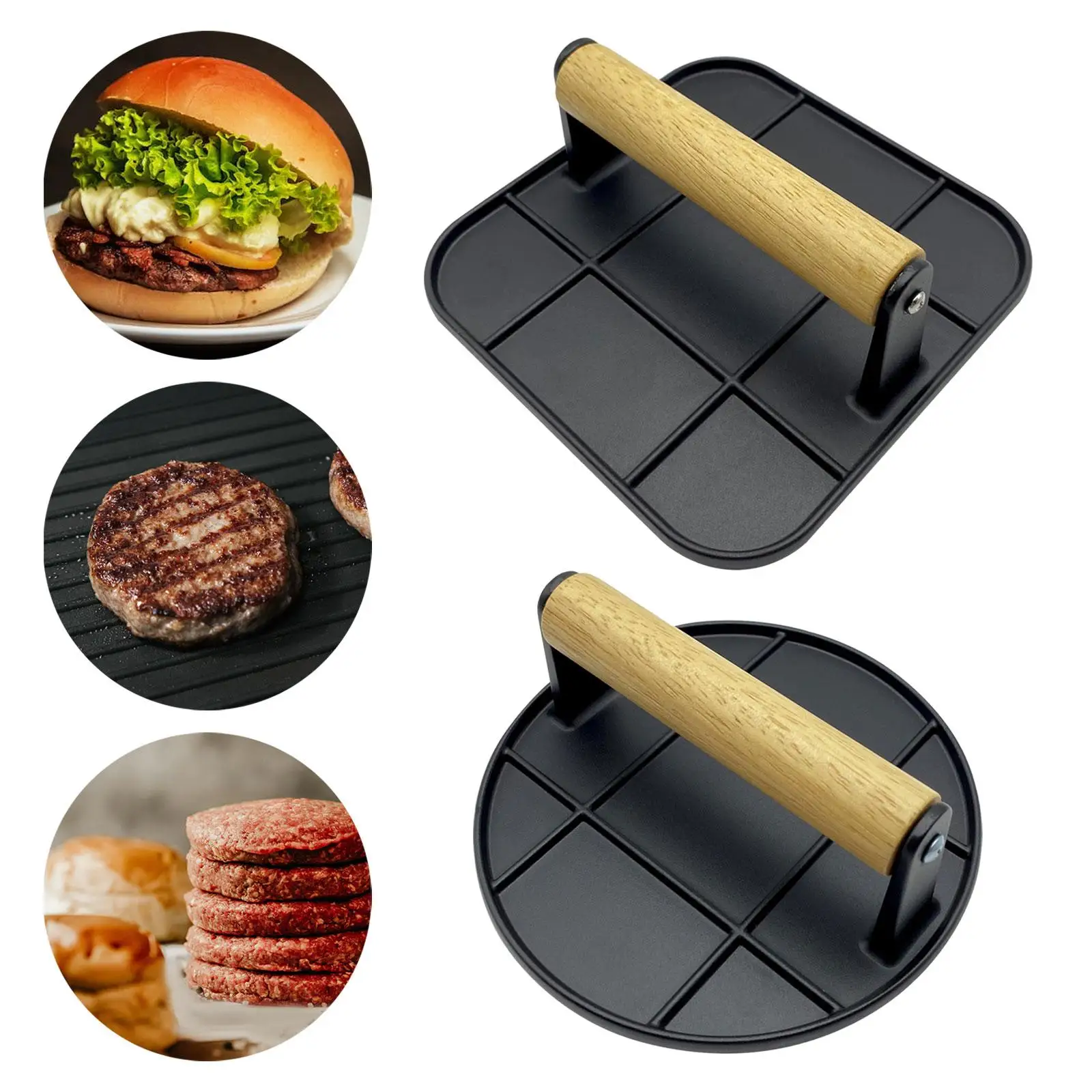 Burger Press Professional with Wooden Handle Griddle Accessories Nonstick Griddle Press for Beef Steaks Sandwich Cooking BBQ