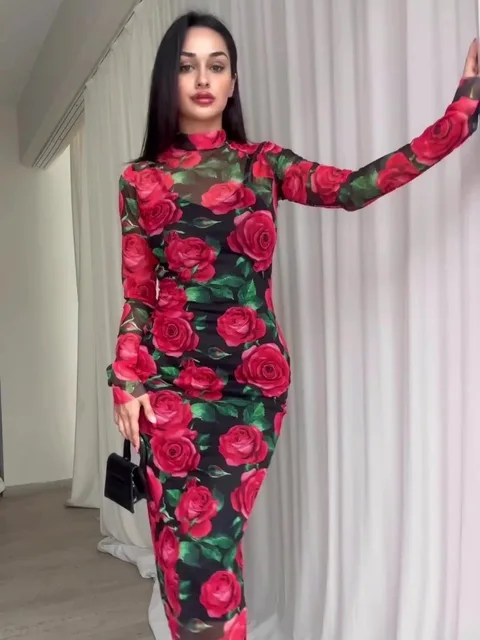 Springtime Elegance in Bloom: ZHUOLIN's Red Flowers Printed Dress