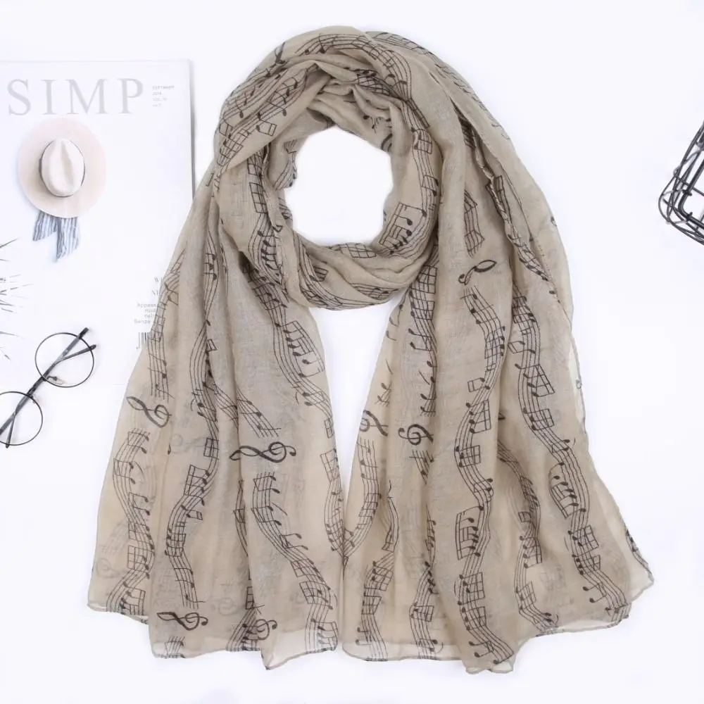 Colorful Musical Note Print Scarf Cotton Voile Smooth Musical Note Floral Shawl Casual Breathable Musical Note Floral Wrap