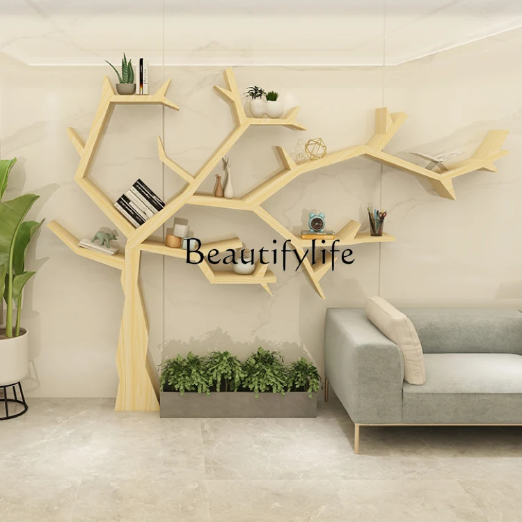 

Nordic Creative Solid Wood Office Sofas Rear Background Wall Hanging Bookshelf and Storage Shelf Tree
