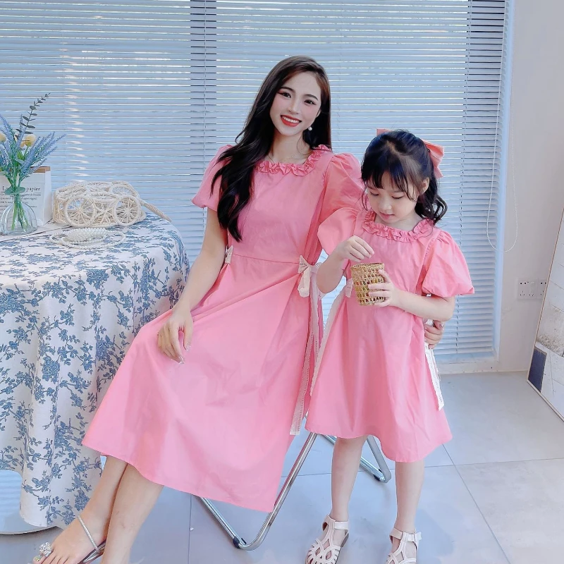 

Pink Dress Elegant Mom and Daughter Short Sleeve Mommy and Me Clothes Princess Same Mother and Baby Girl Matching Summer 2024