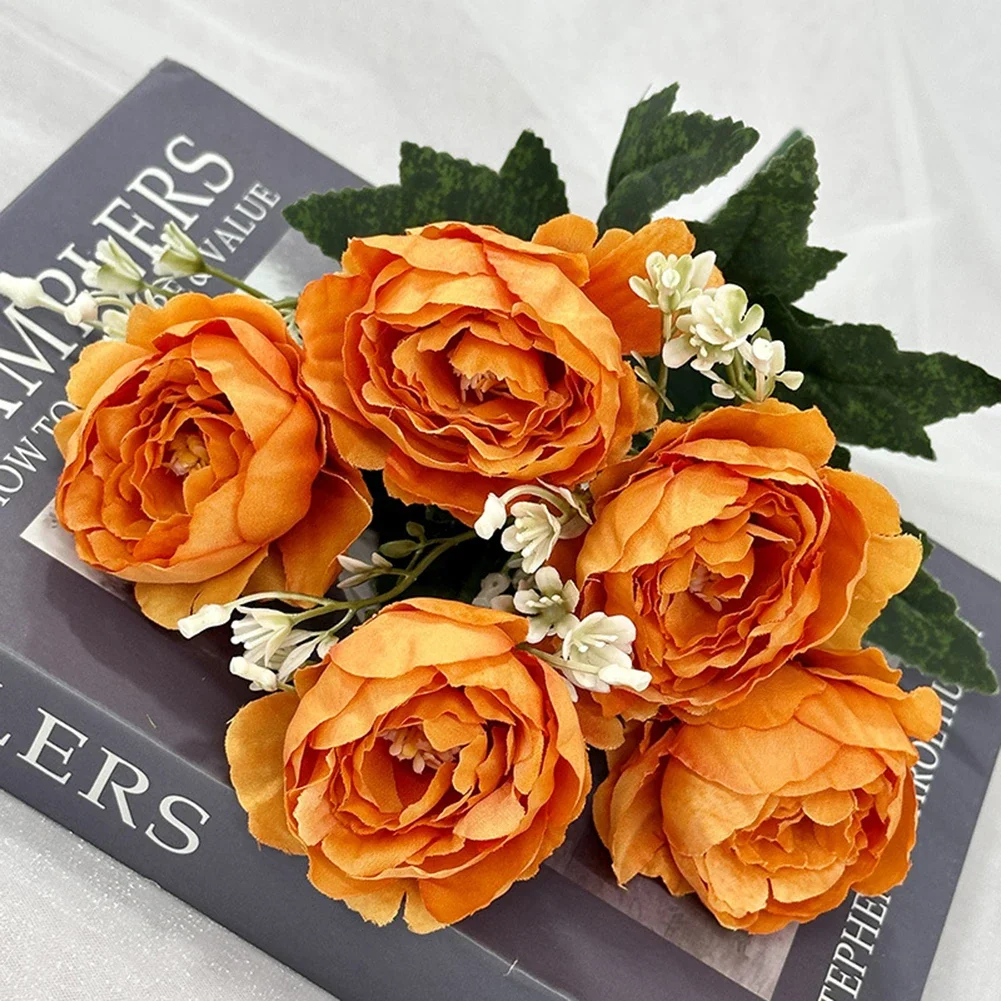 Amaping Artificial Peony Flower Leaf Artificial Flowers Cabbage Rose Roses Flowers Bouquet Vintage Peony Silk Flower For Home Garden Bridal Wedding Party Festival Decor (Orange, One Size