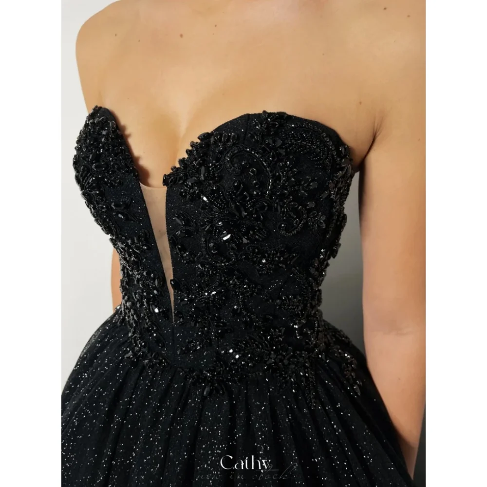 Cathy Black Glitter Strapless Wedding Dresses Mesh Fabric A-line Sleeveless  vestidos de noche Floor-Length Evening Dresses 2024 - AliExpress