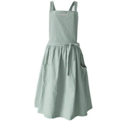 Nordic Wind Pleated Cotton Linen Apron with Cross Back Pinafore Dress Style (Navy Blue)