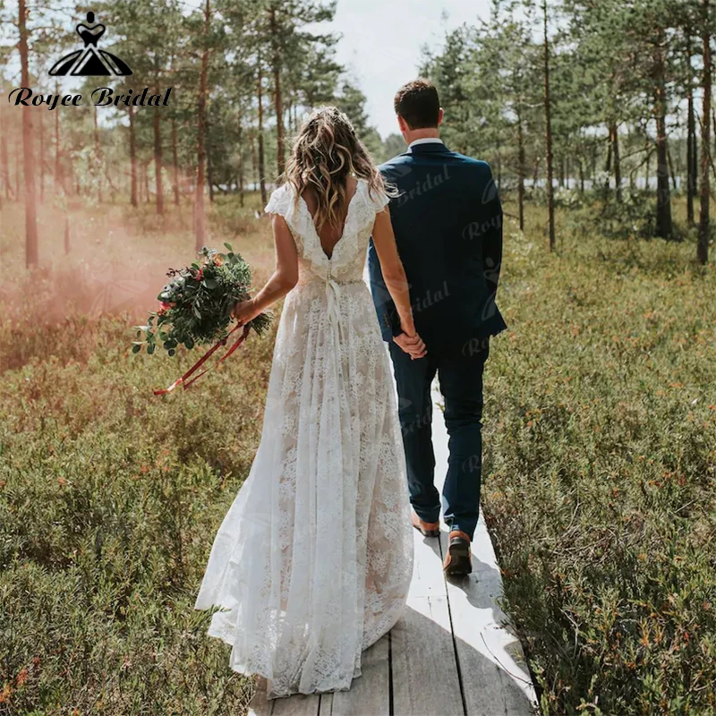 vintage wedding dresses Boho O-Neck Backless Appliques Sashes Bow A-Line Wedding Dress 2022 Lace Bridal Gown Short Cap Sleeve Sweep robes de soirée bridal shower dress