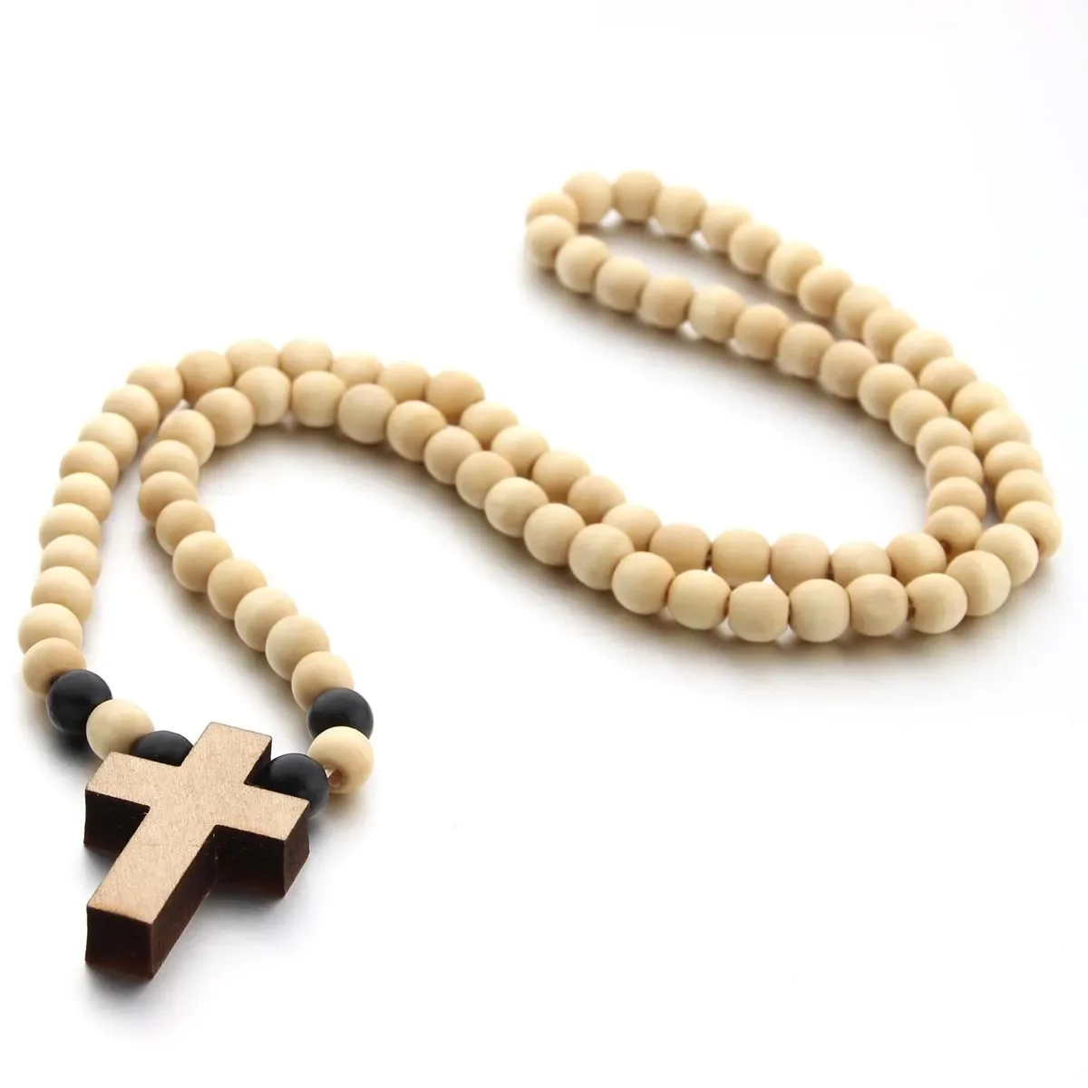 Wooden Cross Faith Beads Necklace FX