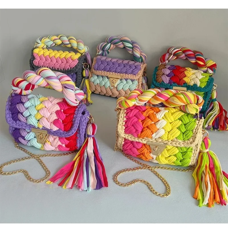 

Fashion Handmade 2023 Women's Shoulder Bag Rainbow Synthetic Women Design Crochet Handbags Sweet Style Fashion Trend Design