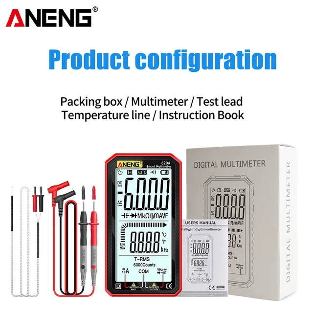 ANENG 620A Digital Smart Multimeter Transistor Testers 6000 Counts True RMS Auto Electrical Capacitance Meter Temp Resistance 620A Red sheath