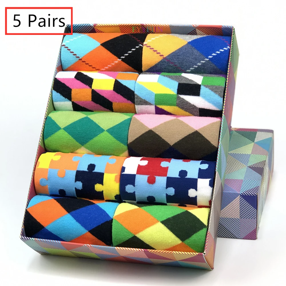 5 pares de calcetines de vestir Happy Crew de moda divertidos con patrón colorido de algodón para hombre novedosos