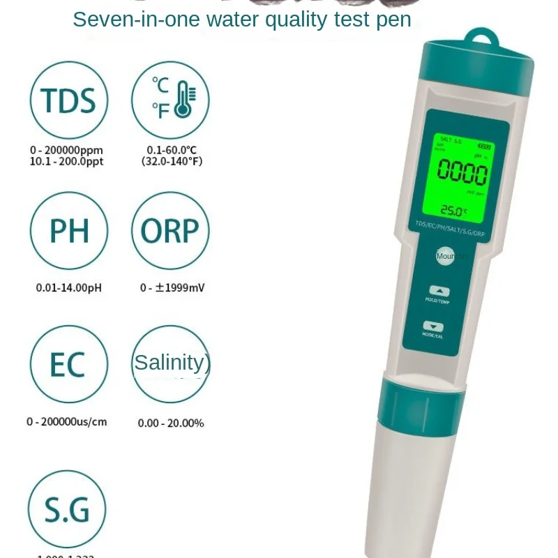 

7-in-1 water quality testing pen PH/TDS/EC/salinity/SG/ORP/temperature portable pH testing pen