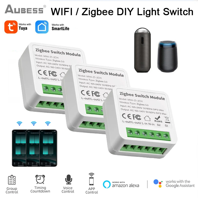 

Умный мини-переключатель ZigBee/Wi-Fi Tuya, 1/3/4 клавиши, Zigbee3.0, приложение для голосового управления, модуль переключения с Amazon Alexa и Google