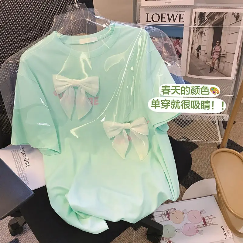 

Design sense niche Hong Kong mint green three-dimensional bow short sleeved T-shirt female student summer new loose t shirt top