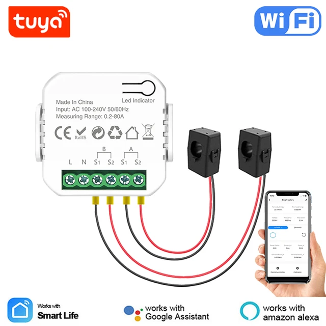Счетчик энергии Tuya Smart Life Wi-Fi, 80 А, двунаправленный, 2-канальный, с зажимом, монитор приложения, солнечный экспорт и импортный источник питания, 110 В/240 В переменного тока 1