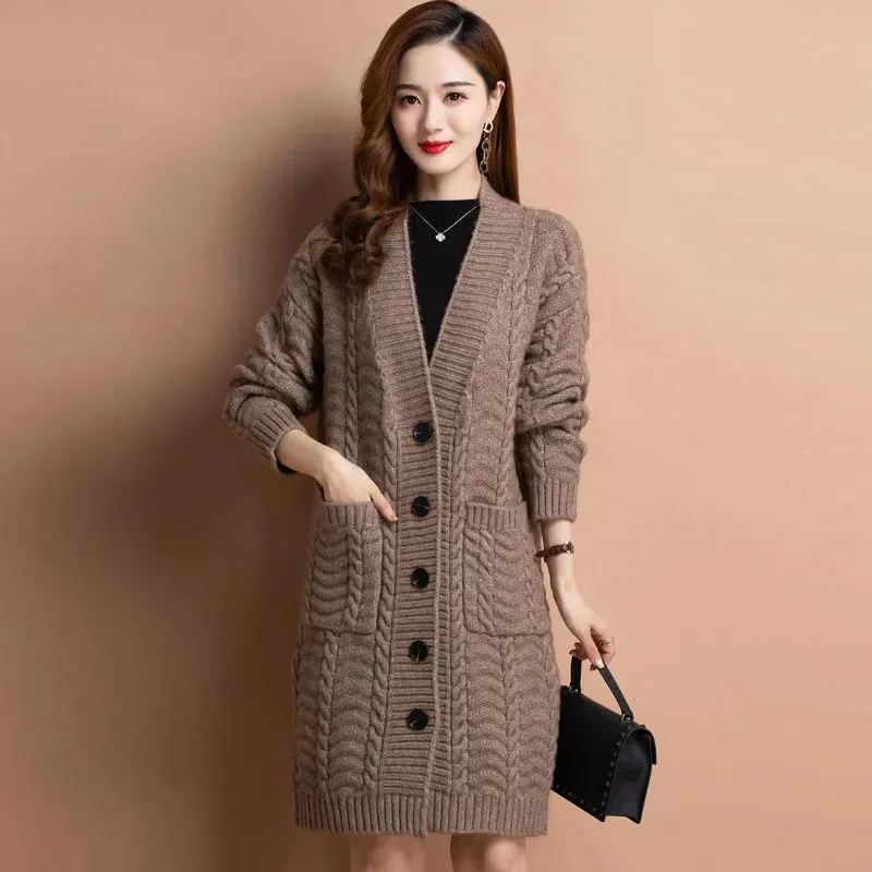 

Fall Winter Thicken Long Cardigan for Women Long Sleeve Casual Cashmere Wool Knitted Sweater Jackets Jumper Outwear Coat H101