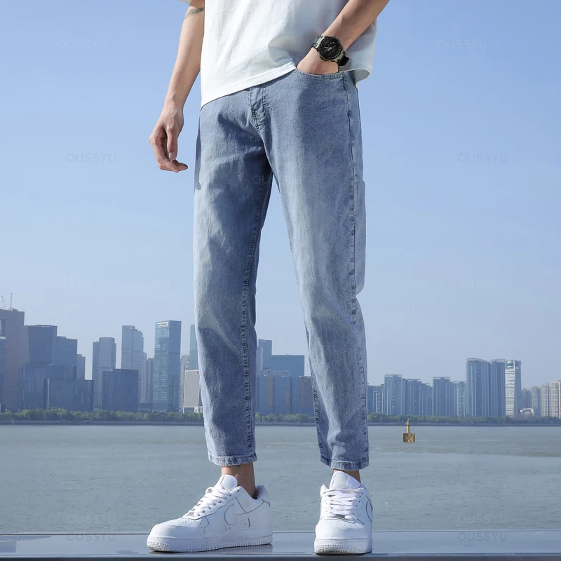 2025 New Men's Stretch Ankle Length Jeans Light blue Fashion Casual Cotton Slim Fit Denim Pants Korean Trousers Male Brand Cloth 3