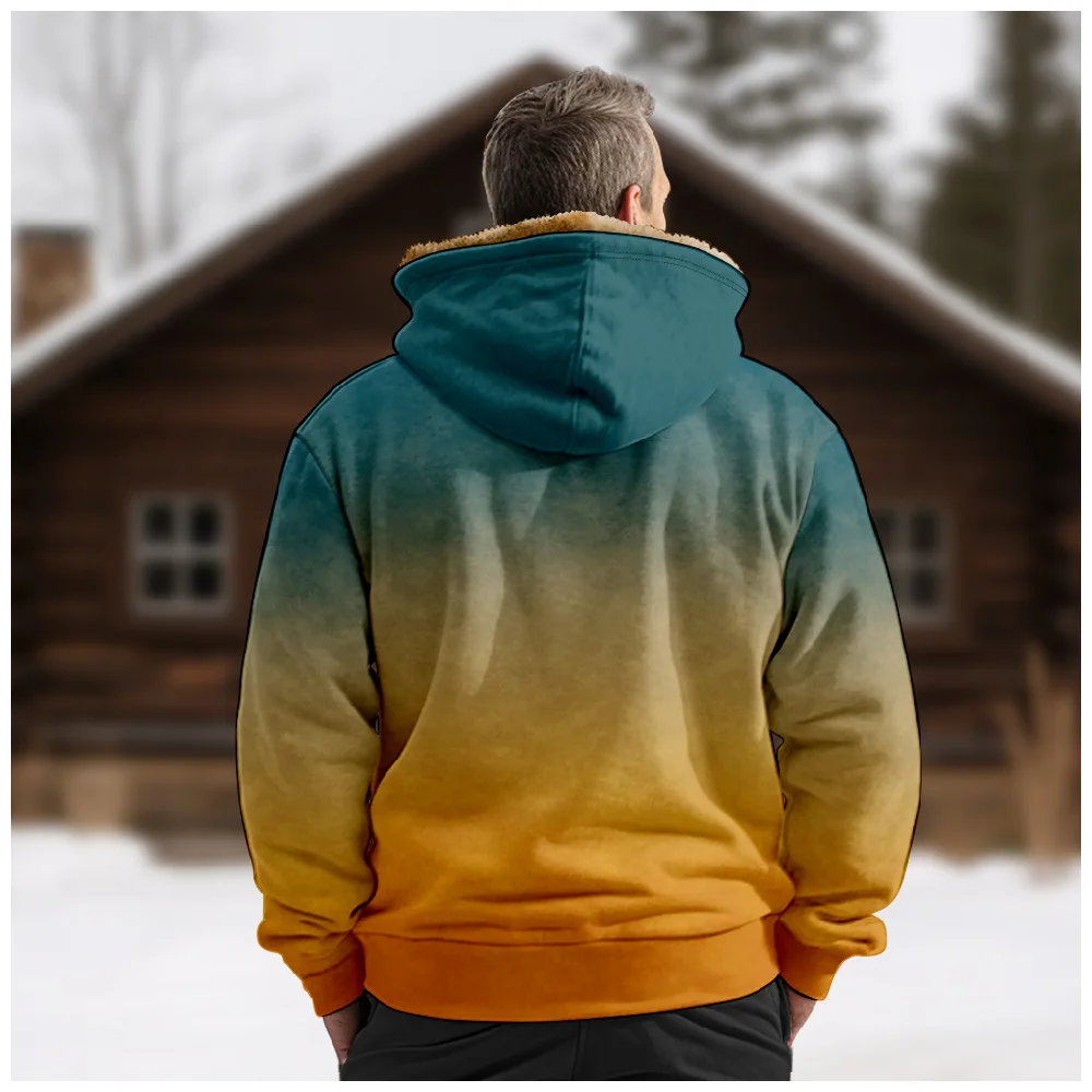 2023 New Gradient Pattern Hooded Sweater Casual Print Long Sleeve Zipper Sweater Thick Cotton Coat Winter