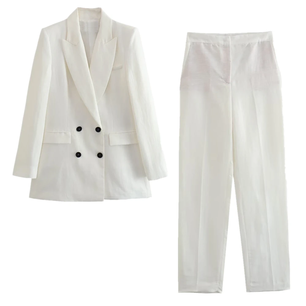 

Dave&Di French Blogger Fashion Ladies White Double-Breasted Linen Blazer Casual Straight Suit Pants Women's Sets