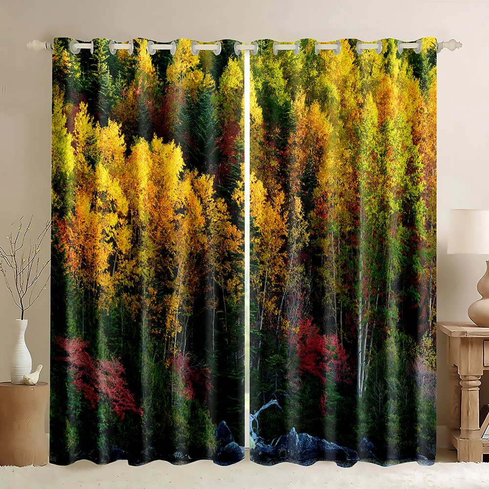 

Forest Window Curtains,Autumnal Forest in The Mountains Wilderness Scene,Living Room Bedroom Window Drapes,Room Darkening Panels