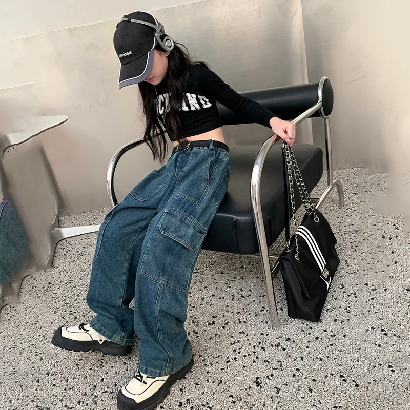 Fashion Cargo Jeans for Girls Spring 2024 Blue Pocket Design