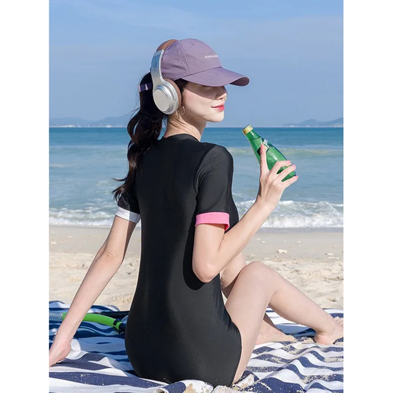 Women Modest One Piece Bathing Suit Short Sleeve Tummy Control Swimsuit Zipper Front Surfing Athletic Rash Guards