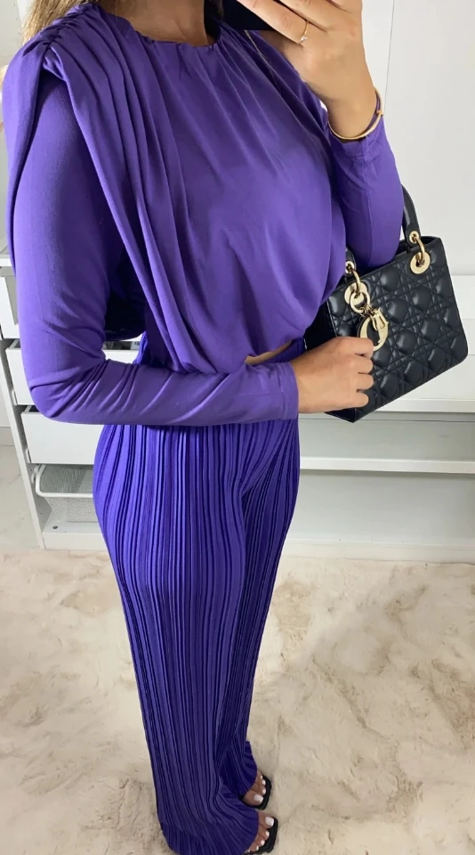 Women's Fashion Set 2024 Spring Latest Round Neck Short Long Sleeved Bottom Shirt Pleated High Waist Casual Pants Two Piece Set