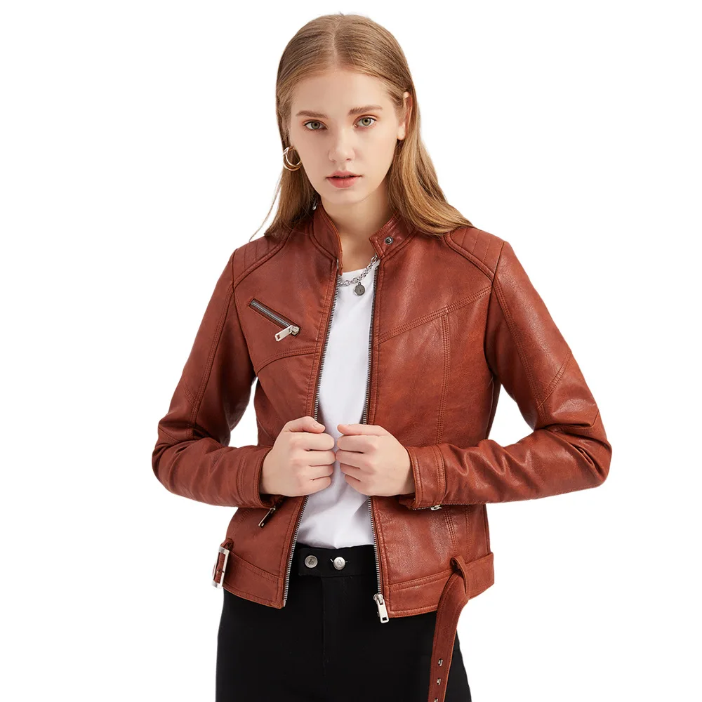 

2022 Autumn New Stand Collar Faux Leather Jackets Women Motor Biker Zipper PU Leather Coat Fashion Female Outwear Tops