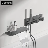 Minimalist ห้องน้ําปืนทองเหลืองสีเทาติดผนัง Thermostatic ก๊อกน้ําอาบน้ํา,ฝังน้ําตก Spout Anti-Scald Bath Mixer TAP 1