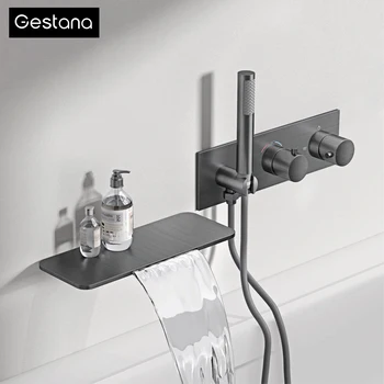 Minimalist ห้องน้ําปืนทองเหลืองสีเทาติดผนัง Thermostatic ก๊อกน้ําอาบน้ํา,ฝังน้ําตก Spout Anti-Scald Bath Mixer TAP 1