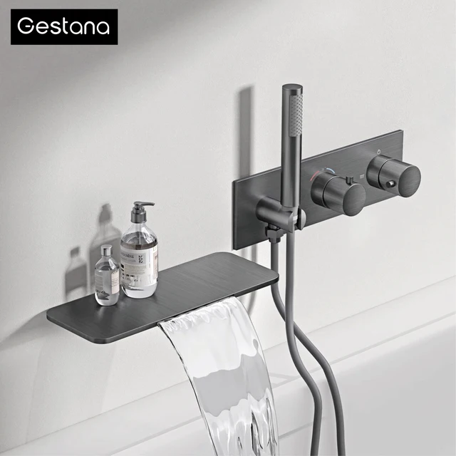 Minimalist ห้องน้ําปืนทองเหลืองสีเทาติดผนัง Thermostatic ก๊อกน้ําอาบน้ํา,ฝังน้ําตก Spout Anti-Scald Bath Mixer TAP 1