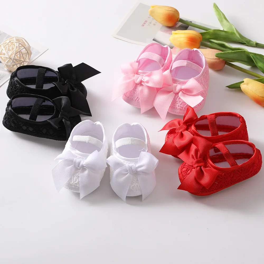 Soft Sole Flower Newborn Baby Girl Christening Shoes Headband Set 2021 Lovely Princess Lace Bowknot Infant Non Slip First Walker 3