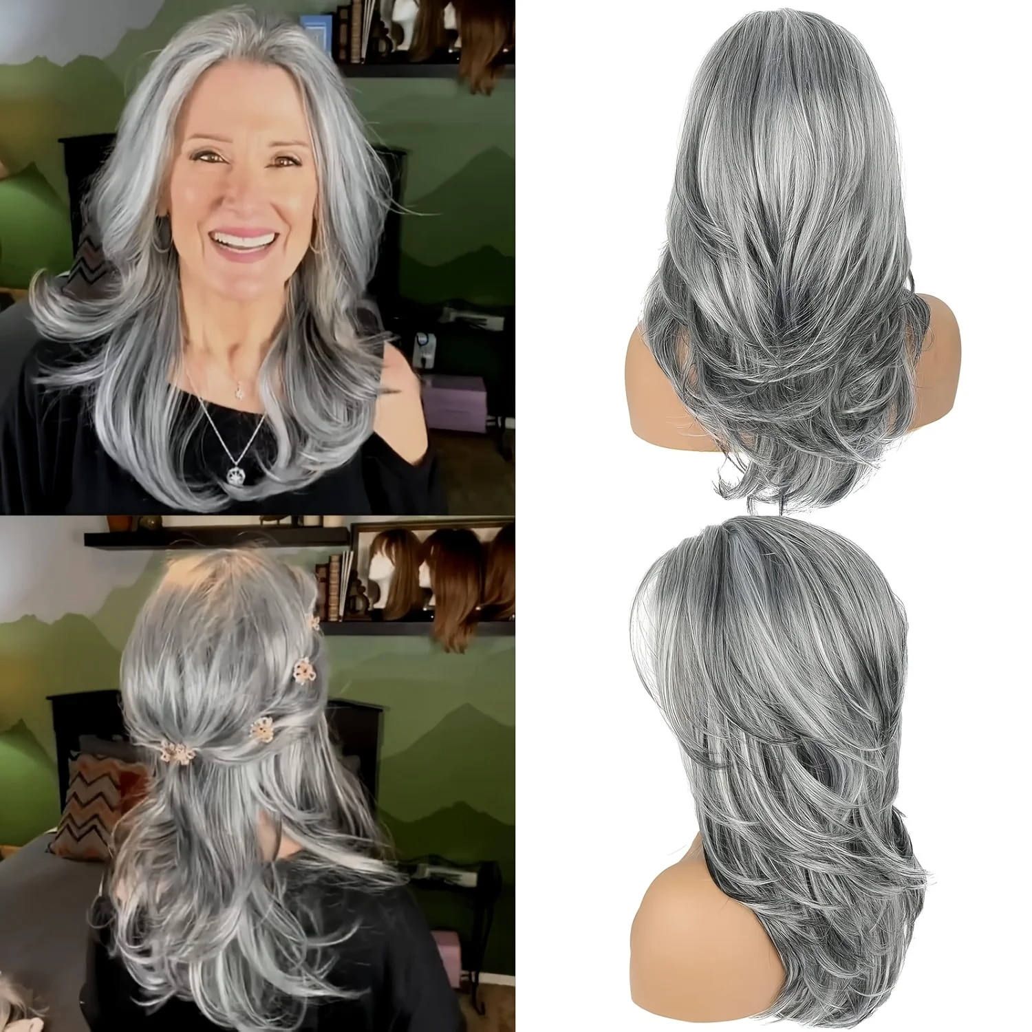 20" Synthetic Long Layered Silvery Wavy Wig for Women Natural Looking Heat Resistant Wig with Curly Style for Daily Party Use