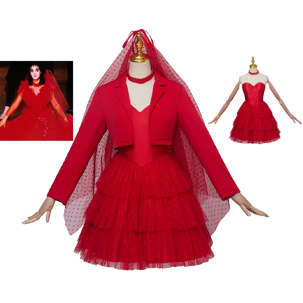 

Beetlejuice Lydia Deetz Cosplay Costume for Women Gothic Red Wedding Dress with Coat Headgear Halloween Carnival Party Gown Suit
