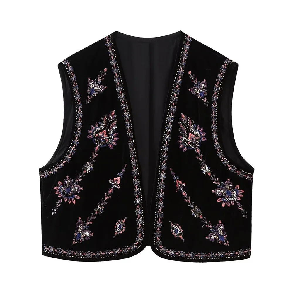 Winter New Women's Casual Loose Retro Short Beaded Embroidered Velvet V-Neck Vest_voghion.com