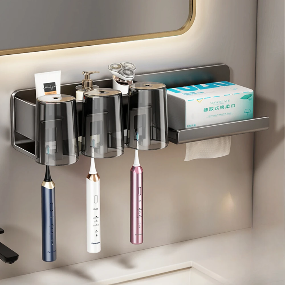 공간 알루미늄 칫솔 거치대, 드릴링 선반 없음, 욕실 구강 세척 컵, 벽걸이 종이 타월 거치대 통합 보관 