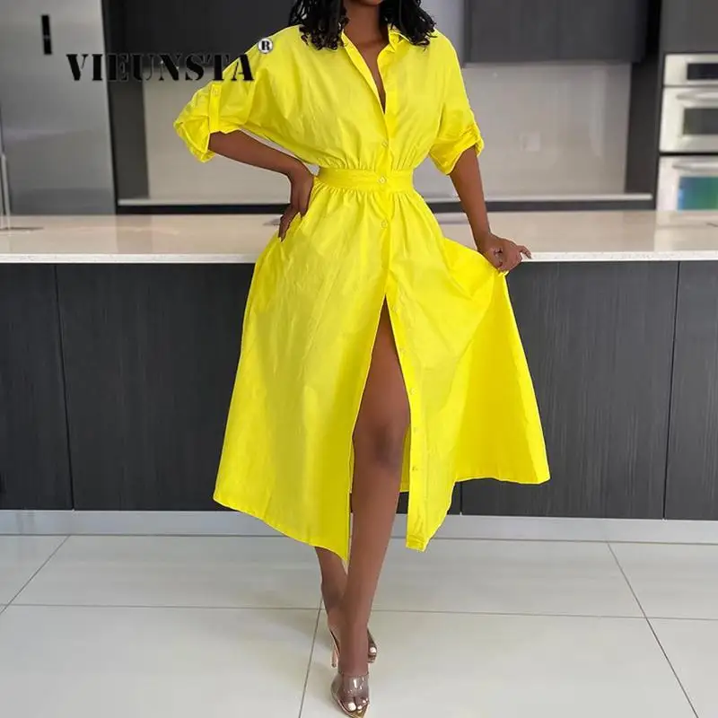 

Casual Turn-Down Collar Slit Dress Fashion Temperament Autumn Solid Color Long Shirt Dress Elegant Women Boho Button Party Dress