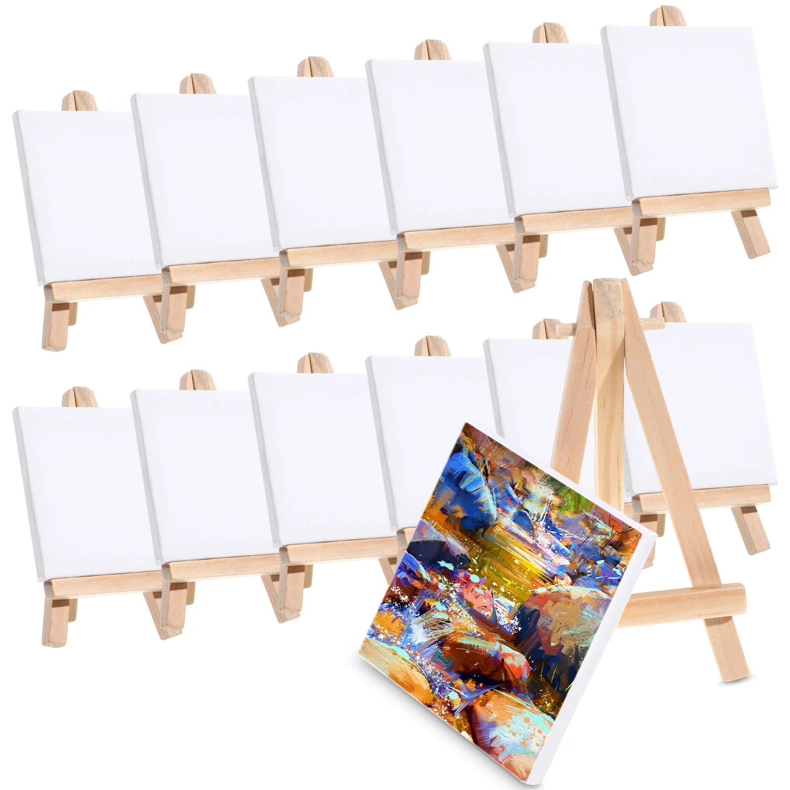 

12 Sets Mini Easels Painting Canvas with Canvas Boards Easel Stands for Blank Art Canvas Boards with Stands Oil Paint Artwork