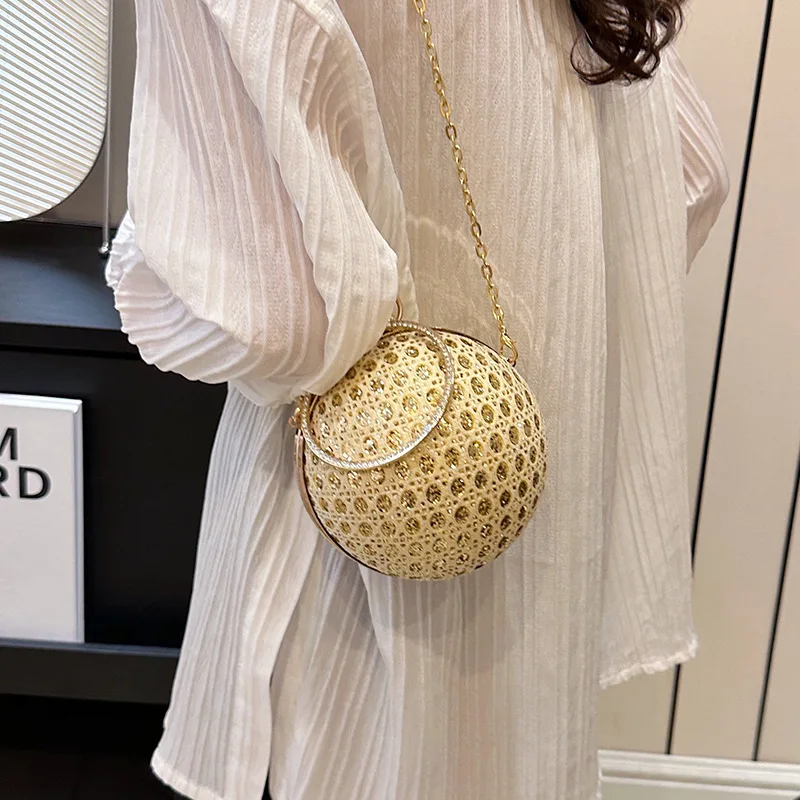 Sparkly Round Evening Tote Bags for Women Shiny Diamonds Handbag Unusual Chain Party Purse Fashion Luxury Shoulder Bag Ladies