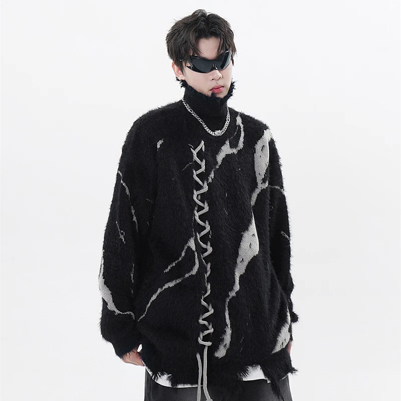 2024 Men Turtleneck Sweater Streetwear Distressed Knitted Sweater Ripped Hole Hip Hop Retro Pullover Harajuku Sweater Soft Black 3