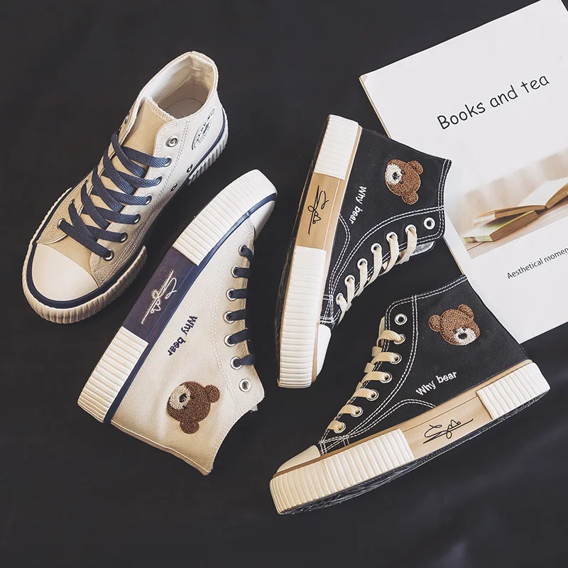 

Женские парусиновые туфли, высокие кеды с медведем, повседневная обувь на платформе, Вулканизированная красная, в Корейском стиле, для студенток, на весну