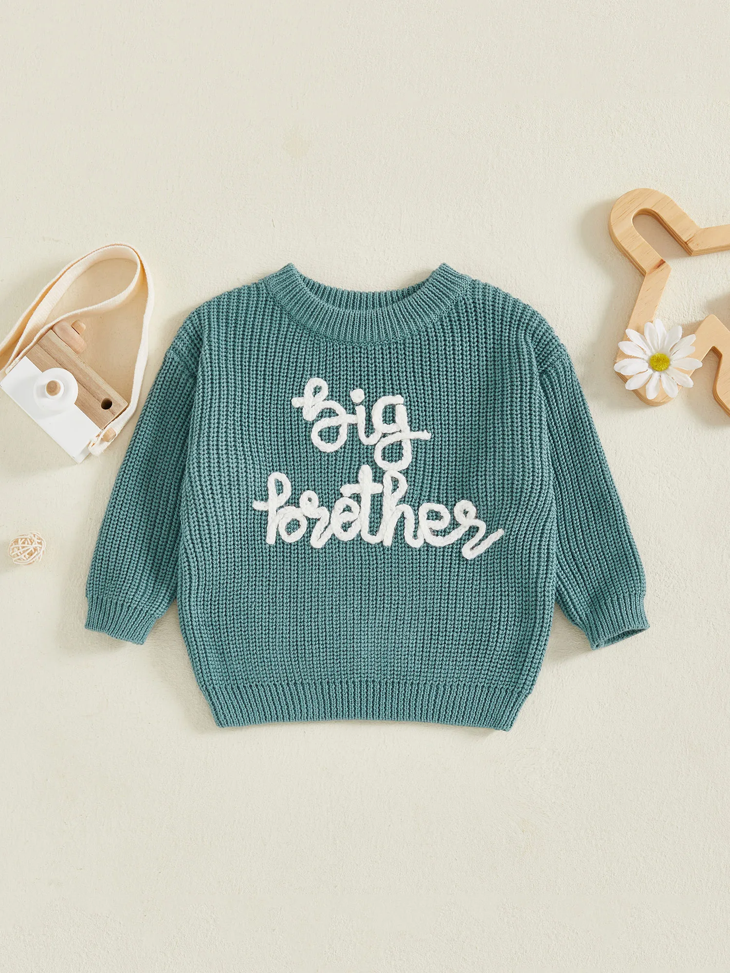 FOCUSNORM 7-Farben-Herbstpullover für Kleinkinder, Kinder, Jungen, 0–5 Jahre, mit Buchstaben bestickt, Rundhalsausschnitt, Langarmpullover, grob gestrickte Oberteile – Detail 5