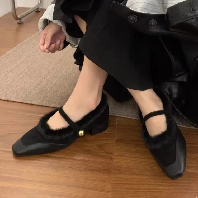 

Туфли женские на каблуке, Мокасины, лоферы с острым носком, меховая женская обувь, зимнее Классическое однотонное Деловое платье из искусственной кожи в римском стиле с пряжкой, S