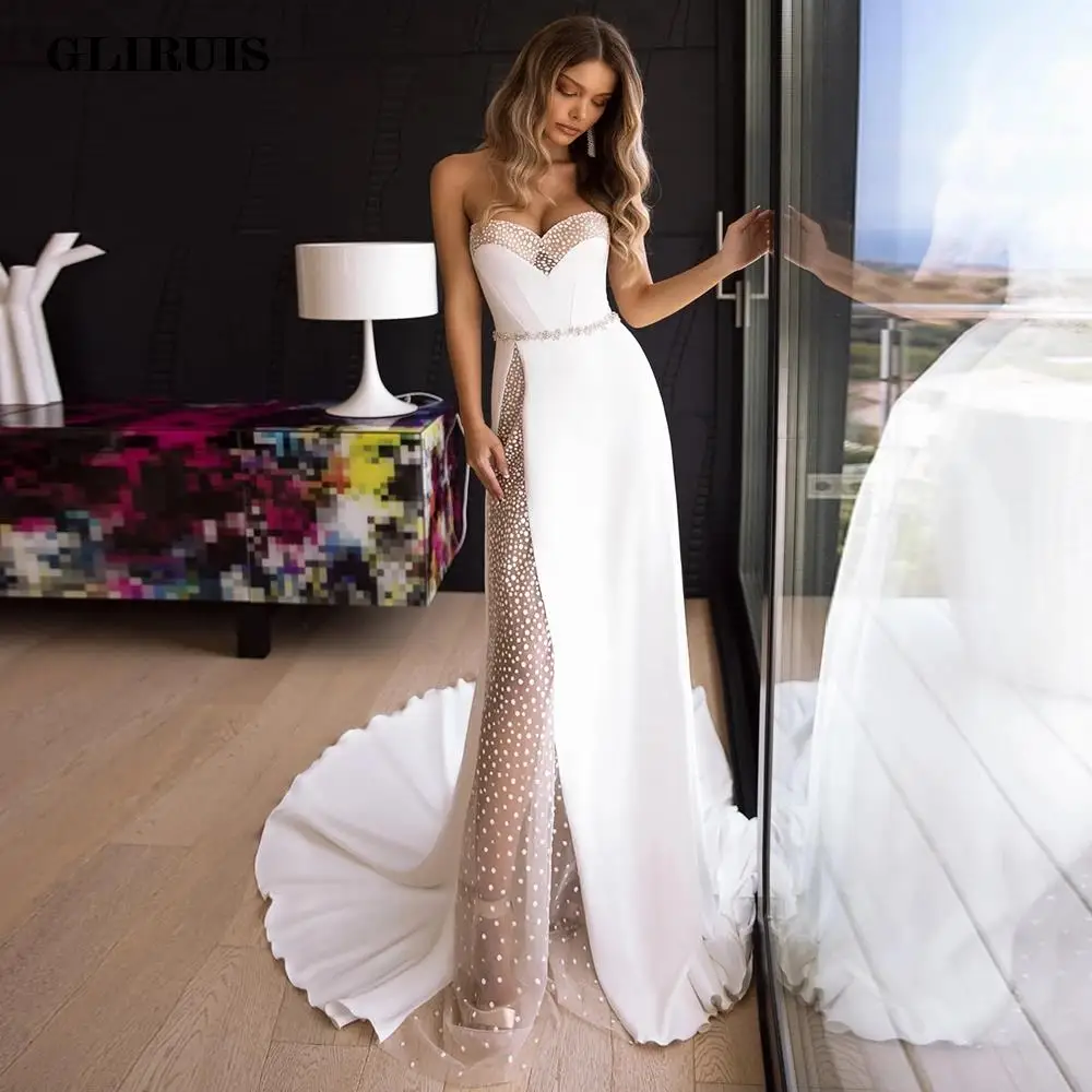 

Charming Wedding Dresses For Women Custom Made Jersey Lace Strapless Sleeveless Zipper A-Line Bridal Gowns Novia Do