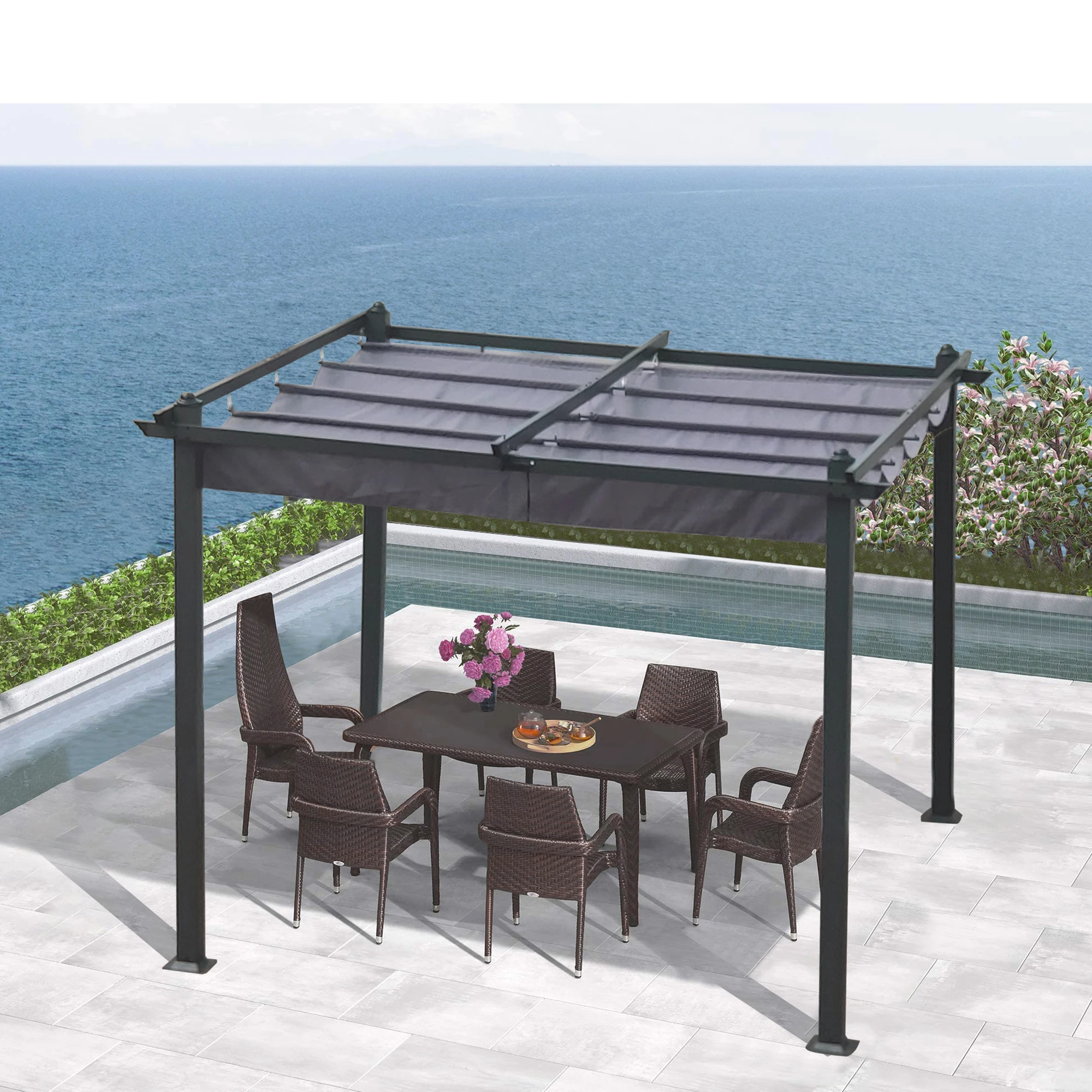 

10x10 Ft Outdoor Patio Retractable Pergola With Canopy Sunshelter Pergola for Gardens,Terraces,Backyard,Gray