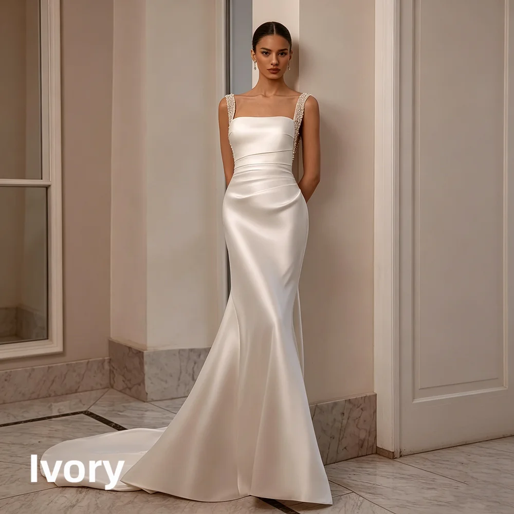 Satin Mermaid Wedding Dress Beaded Strap Square Neck V Back Detachable Overskirt Bridal Gown For Wedding Elopement Shoot 2026