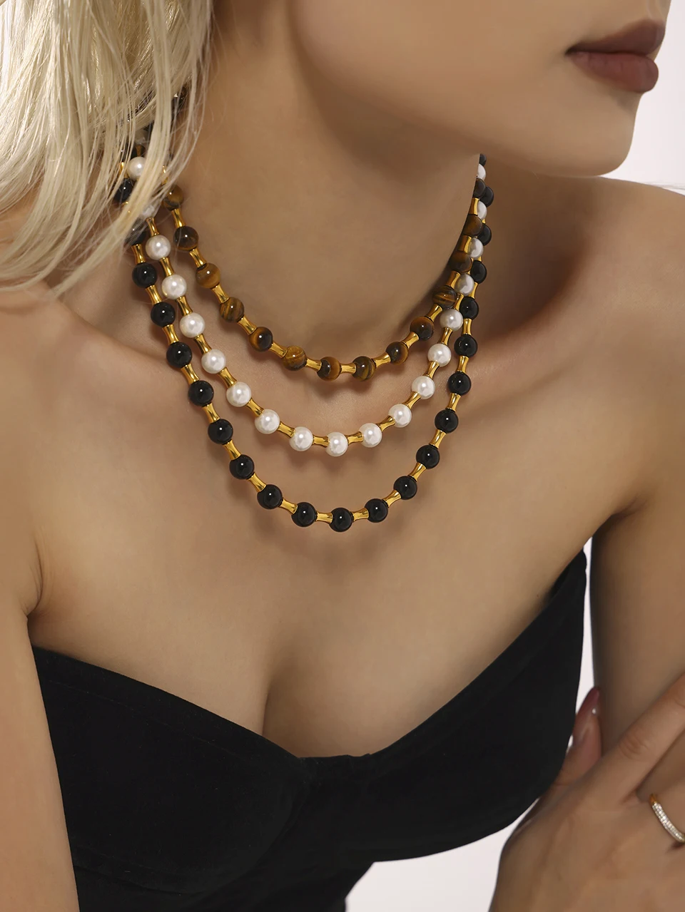 Vintage Damen-Halskette mit Natursteinperlen aus Edelstahl, 18 Karat vergoldet, OT-Schnalle, Kragenkette, kurze Halsketten für Frauen – Detail 15